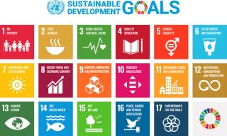 A list of the 17 United Nations Sustainable Development Goals (SDGs), written across brightly coloured squares