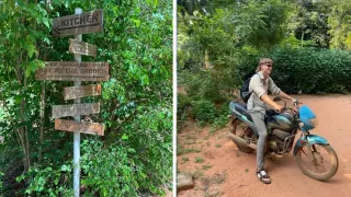 Das ist eine Collage aus zwei Bildern. Links ist ein Wegweiser zu sehen. Rechts sitzt Anton auf einem stehenden Motorrad.