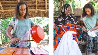 Melissa hat ihre Freiwilligenarbeit aus Sansibar geleistet. Auf dem Bild ist sie beim Herstellen von Seife zu sehen und beim Batik.