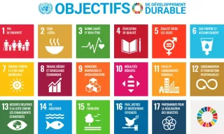 Une liste des 17 objectifs de développement durable des Nations unies répartis en blocs carrés de couleurs vives.
