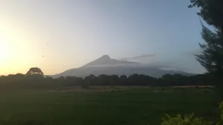 Zu sehen ist eine grüne Landschaft während des Sonnenuntergangs. Im Hintergrund sind die schwarz-weißen Umrisse eines Bergs zu erkennen.