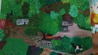 Self-painted picture of the Etzelfarm with trees, cabins and a goat.
