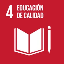 Cuadro con el icono del ODS 4 de las Naciones Unidas: Educación de calidad.