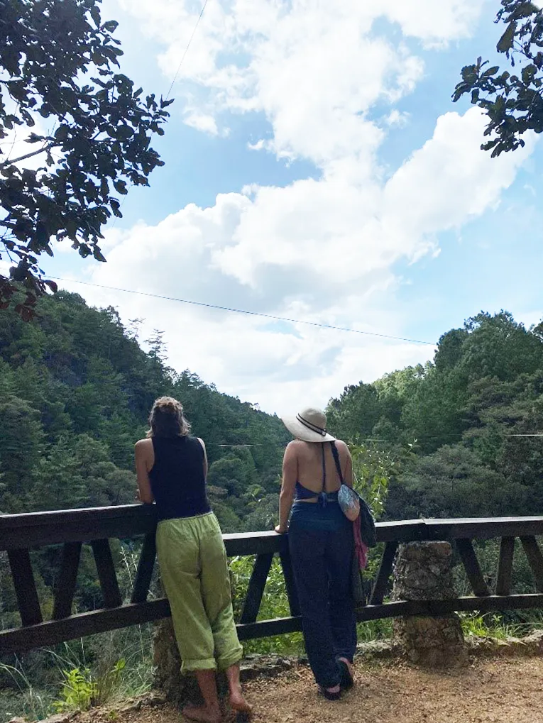Zwei Frauen stehen mit dem Rücken zur Kamera an einen Zaun gelehnt. Im Hintergrund zeichnet sich eine grüne Landschaft mit vielen Bäumen und blauen Himmel ab.