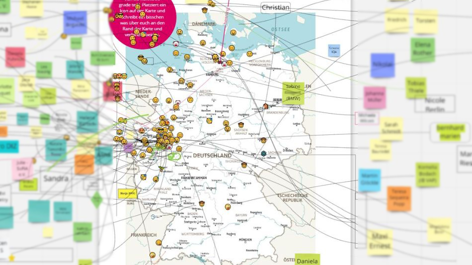 Eine Landkarte von Deutschland, mit Emojis, die auf der Karte verteilt sind. Viele befinden sich in NRW.